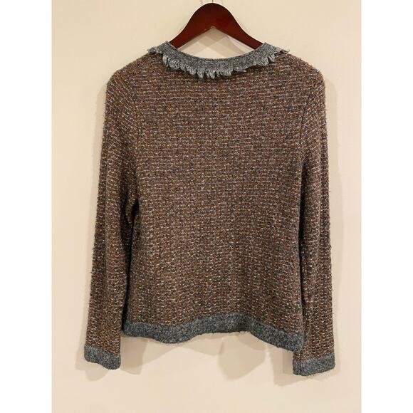 Betty Barclay Women’s Cardigan Ruffle Trim Brown Gray Knit Tweed Button Front - Picture 2 of 9